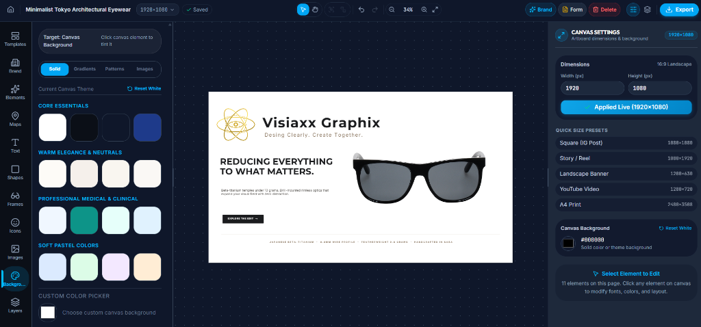 VisiaxxGraphix Banner Editor Interface showing Eyewear and Clinic Templates in Dark Mode
