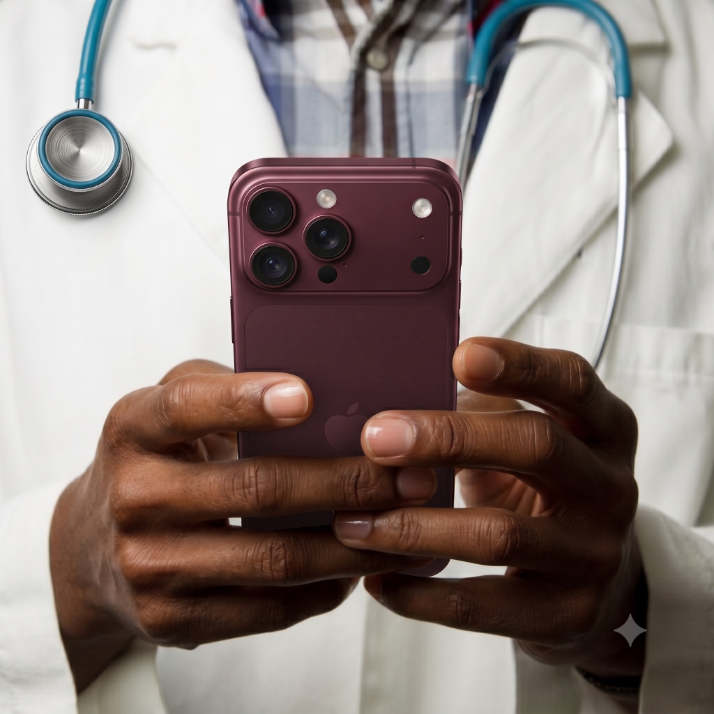 Eye care professional holding mobile device for practice marketing